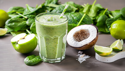 Healthy smoothie with green apple, spinach, lime and coconut milk