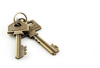 House key with a house shaped keychain, isolated on white background
