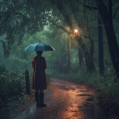 lonely woman standing in the rain on the road - obrazy, fototapety, plakaty
