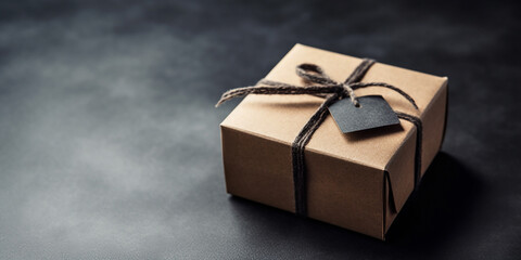 One gift wrapped in paper with a bow on a dark background. Horizontal with copy space.