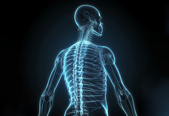 Human skeleton with neon glow on a black background. Futuristic drawing, illustration