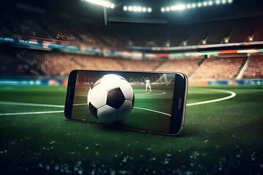 Ball with a smartphone on the football field, online game 1