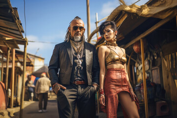 Eccentric Desert Fête: Extravagant Party Couple Embracing the Allure of Steampunk Aesthetics and Hip-Hop Vibes in the Vibrant Atmosphere of an Exotic Desert Festival. Generative AI