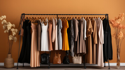 Fashionable women's closet wallpaper. Summer closet, dresses and shirts on hangers. Creative concept of women's clothing showroom, designer dresses store.