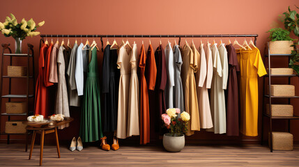 Obraz premium Fashionable women's closet wallpaper. Summer closet, dresses and shirts on hangers. Creative concept of women's clothing showroom, designer dresses store.