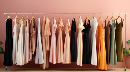 Fashionable women's closet wallpaper. Summer closet, dresses and shirts on hangers. Creative concept of women's clothing showroom, designer dresses store.
