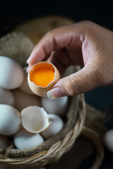 hand holding cracked eggs, country chicken eggs or domestic chicken eggs or free-range chicken eggs (telur ayam kampung). set on basket and sackcloth in dark and texture background.