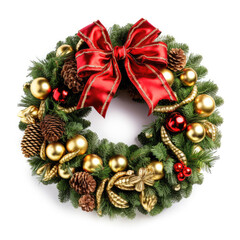 Fototapeta na wymiar christmas wreath, red ribbon bow, isolated on white background. 