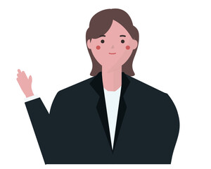 笑顔で案内をするスーツを着た女性。ベクターイラスト
