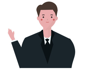 笑顔で案内をするスーツを着た男性。ベクターイラスト