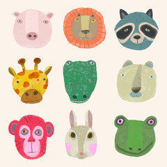 Animal face set. watercolor vector illustration. chidren art.
