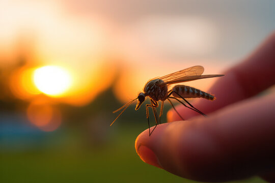 close-up shot of a mosquito biting human skin at sunset. 