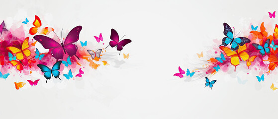 Fototapeta na wymiar beautiful pink, yellow and blue butterflies on white background with copy space