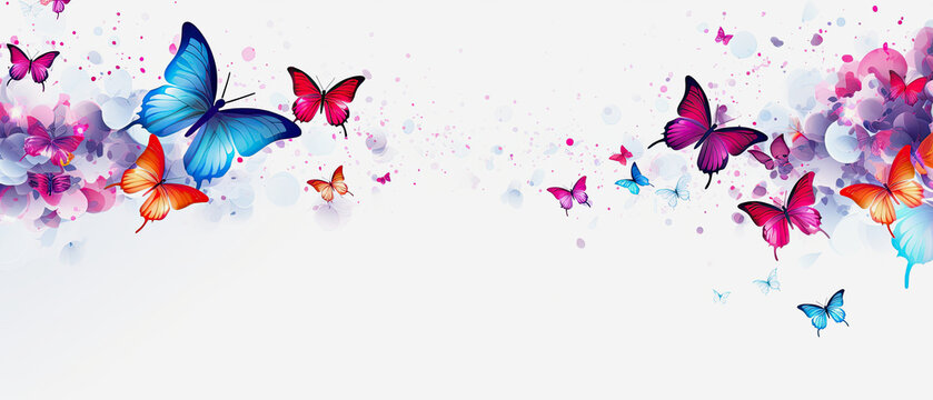 Fototapeta beautiful pink, orange and blue butterflies on white background with copy space