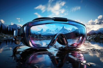 Virtual reality glasses on water with mountain natural view with surreal concept, generative Ai