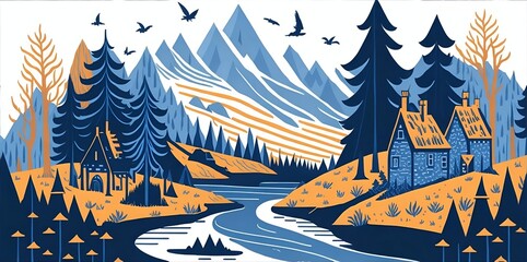 Nordic cartoon landscape. AI generated illustration