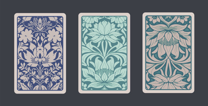 Back playing cards with vintage abstract floral ornaments, baroque, modernist and art nouveau style