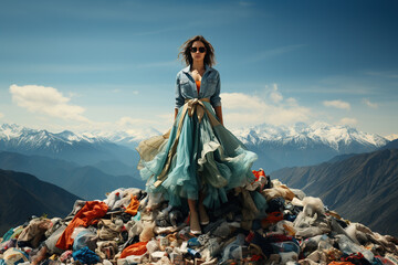 Fototapeta Woman in fashion dress on the large pile stack of textile fabric clothes and shoes. Global climate change, fashion industry pollution, sustainability and reuse cocnept, generative ai obraz