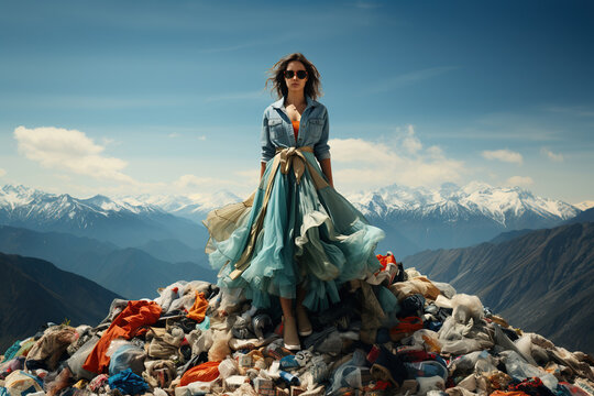 Woman in fashion dress on the large pile stack of textile fabric clothes and shoes. Global climate change, fashion industry pollution, sustainability and reuse cocnept, generative ai