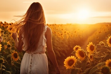 Back view of woman walking by blooming sunflower field at sunset. AI generated