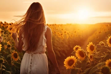 Gordijnen Back view of woman walking by blooming sunflower field at sunset. AI generated © yuliachupina