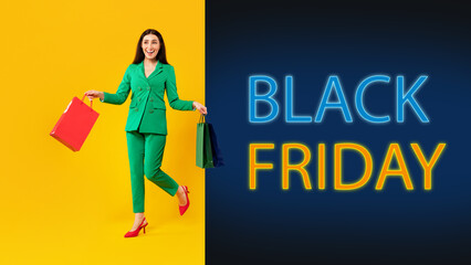 Black friday shopping. Woman with shopper bags standing over yellow background, discounts offers advertisement banner
