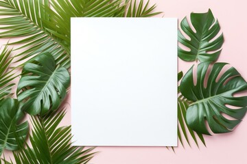 Tropical foliage background with blank card. AI generated