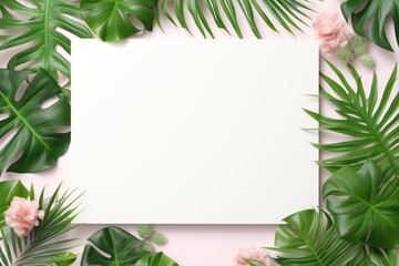 Tropical foliage background with blank card. AI generated