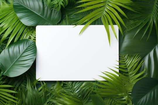 Tropical foliage background with blank card. AI generated
