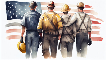 Labor day concert, memorial day Group of workman back view in watercolor style , USA flag Ai generated image