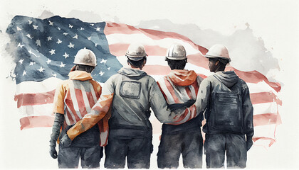 Labor day concert, memorial day Group of workman back view in watercolor style , USA flag Ai generated image