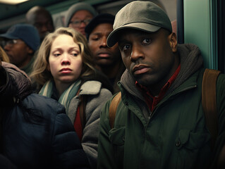 This intriguing close-up shot captures the expressions of commuters waiting at a busy subway station or bus stop.