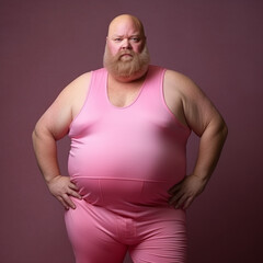 A chubby bald man with a beard in pink tights.