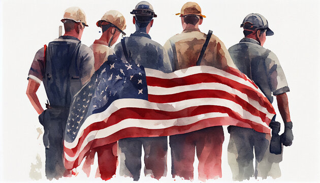 Labor day concert, memorial day Group of workman back view in watercolor style , USA flag Ai generated image