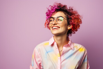 non binary person wearing colorful clothes studio portrait