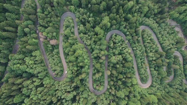 Aerial top view above Transbucegi  winding road, in Transylvania