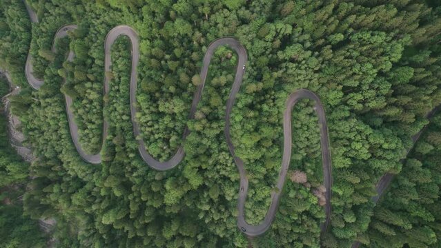 Aerial top view above Transbucegi  winding road, in Transylvania