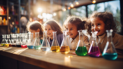 A vibrant scene of young girls excitedly participating in a science fair, breaking gender stereotypes 
