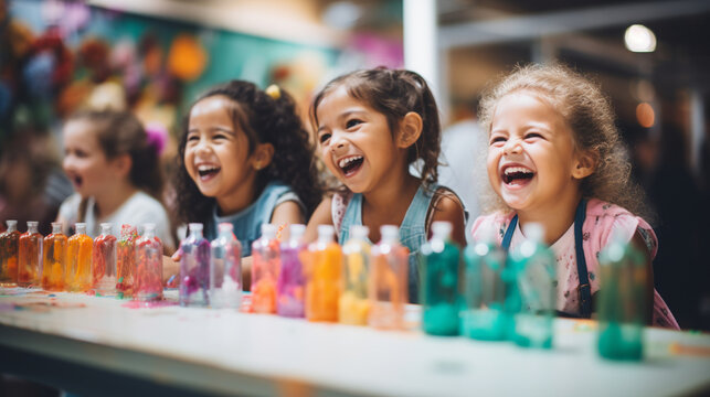 A vibrant scene of young girls excitedly participating in a science fair, breaking gender stereotypes 
