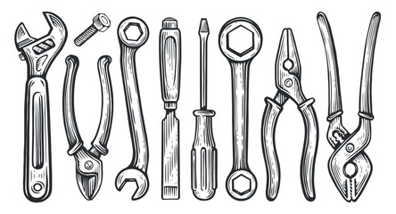 Working tools set. Repair and construction supplies collection. Sketch vintage vector illustration