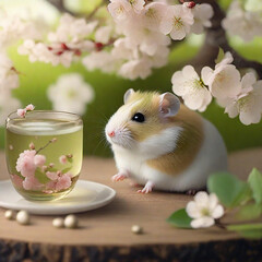 Hamster enjoying Japanese cherry blossoms