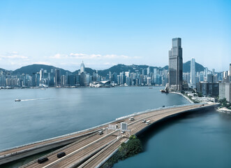 Hong Kong city Skyline panorama - Cold colors.