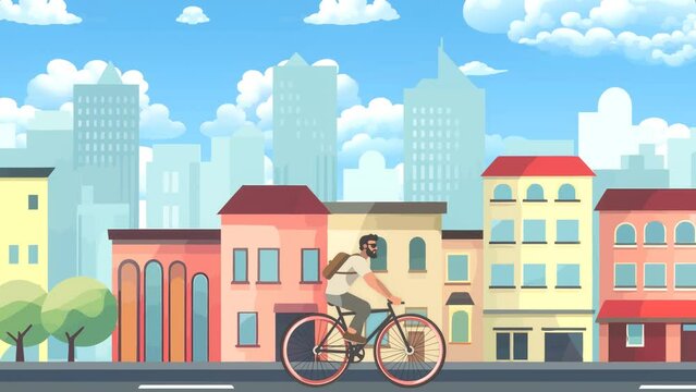 Man in sunglasses riding bicycle in city, 4k simple cartoon animation, perfect loop