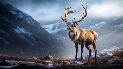 Reindeer in the snowy mountain the natural background