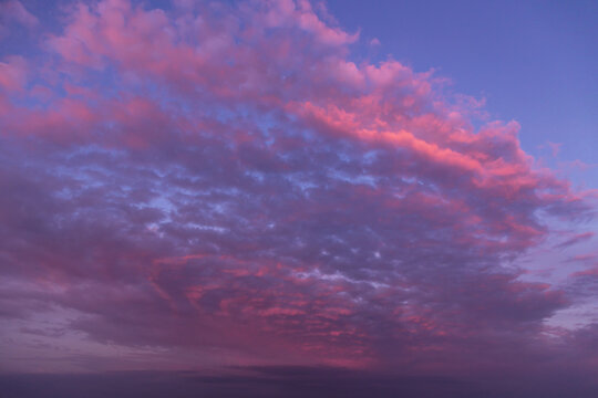 Sunset pink purple violet cloudy sky. Beautiful sunrise with pink clouds against blue sky background texture