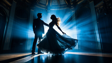 Silhouette of couple dancing in a romantic ballroom with light rays shining through the window, fisheye ffect, blue colors - obrazy, fototapety, plakaty