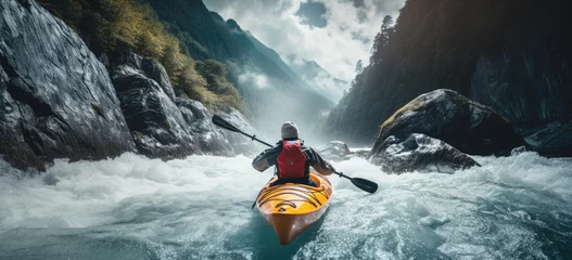 Gordijnen whitewater kayaking, down a white water rapid river in the mountains. Hand edited generative AI.  © killykoon