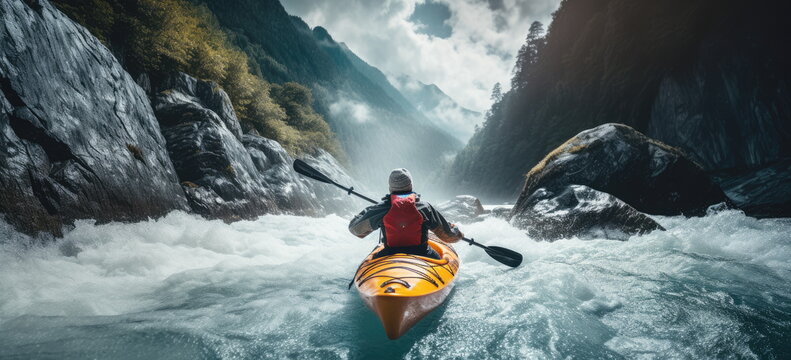 whitewater kayaking, down a white water rapid river in the mountains. Hand edited generative AI.
