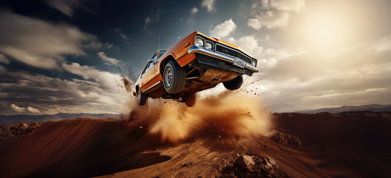 Seventies style car stunt or car jump. A normal sedan-type stock car, in mid air during a car jump with a dirt trail. Dynamic perspective. Wide format. hand edited generative AI.
