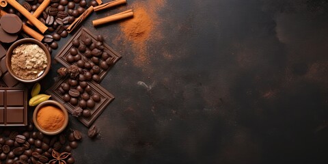 Fototapeta na wymiar Fresh dark chocolate and coffee bean on wooden table background for your product with copy space